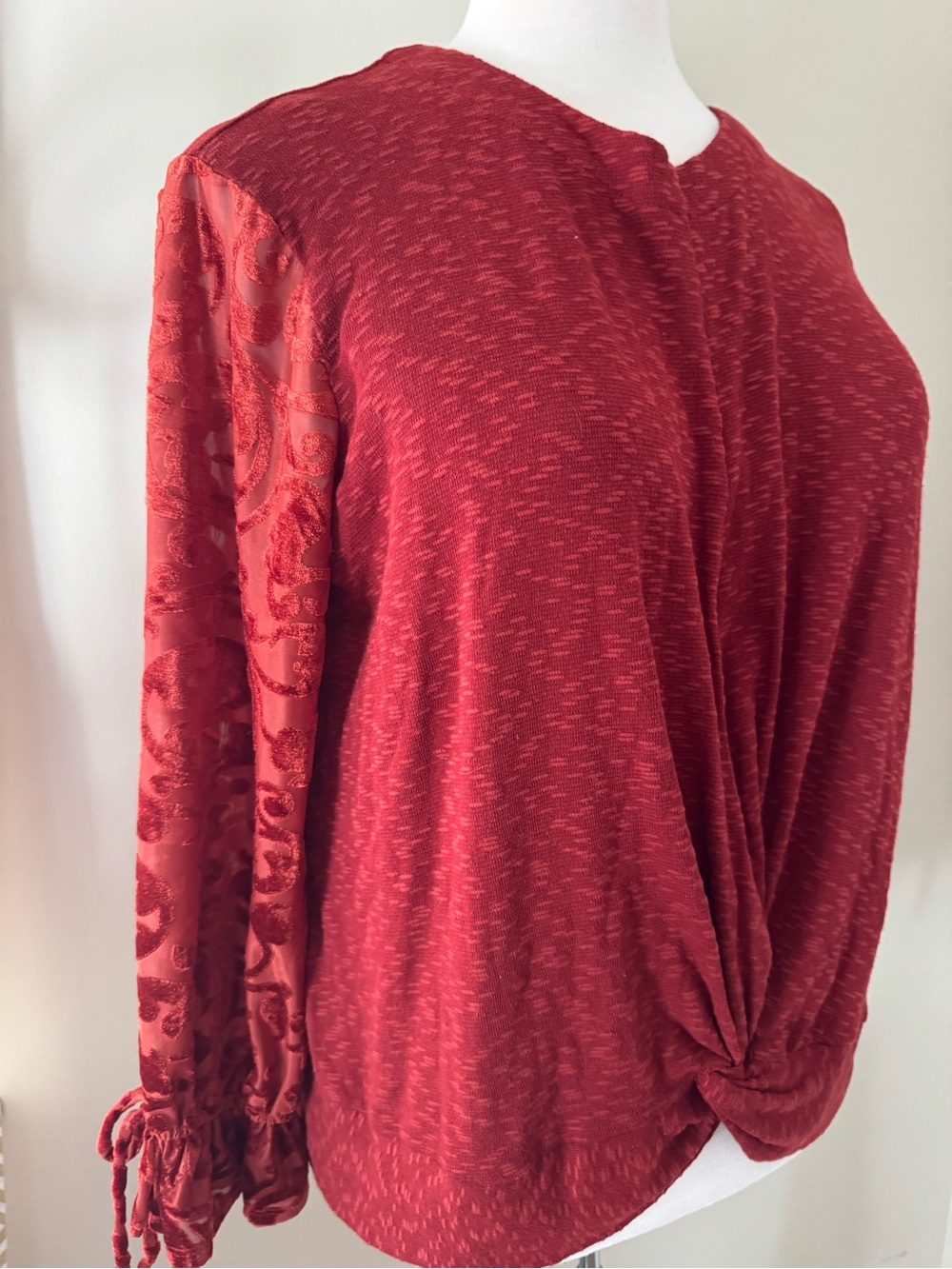 Est. 1946 Cato Slub Knit Twist Front Top with Flocked Semi-Sheer Sleeves • 18/20